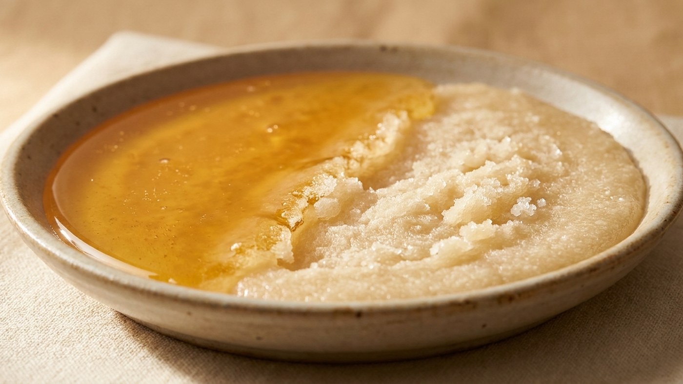 Miel à moitié cristallisé dans une coupelle, une moitié liquide et l'autre granuleuse