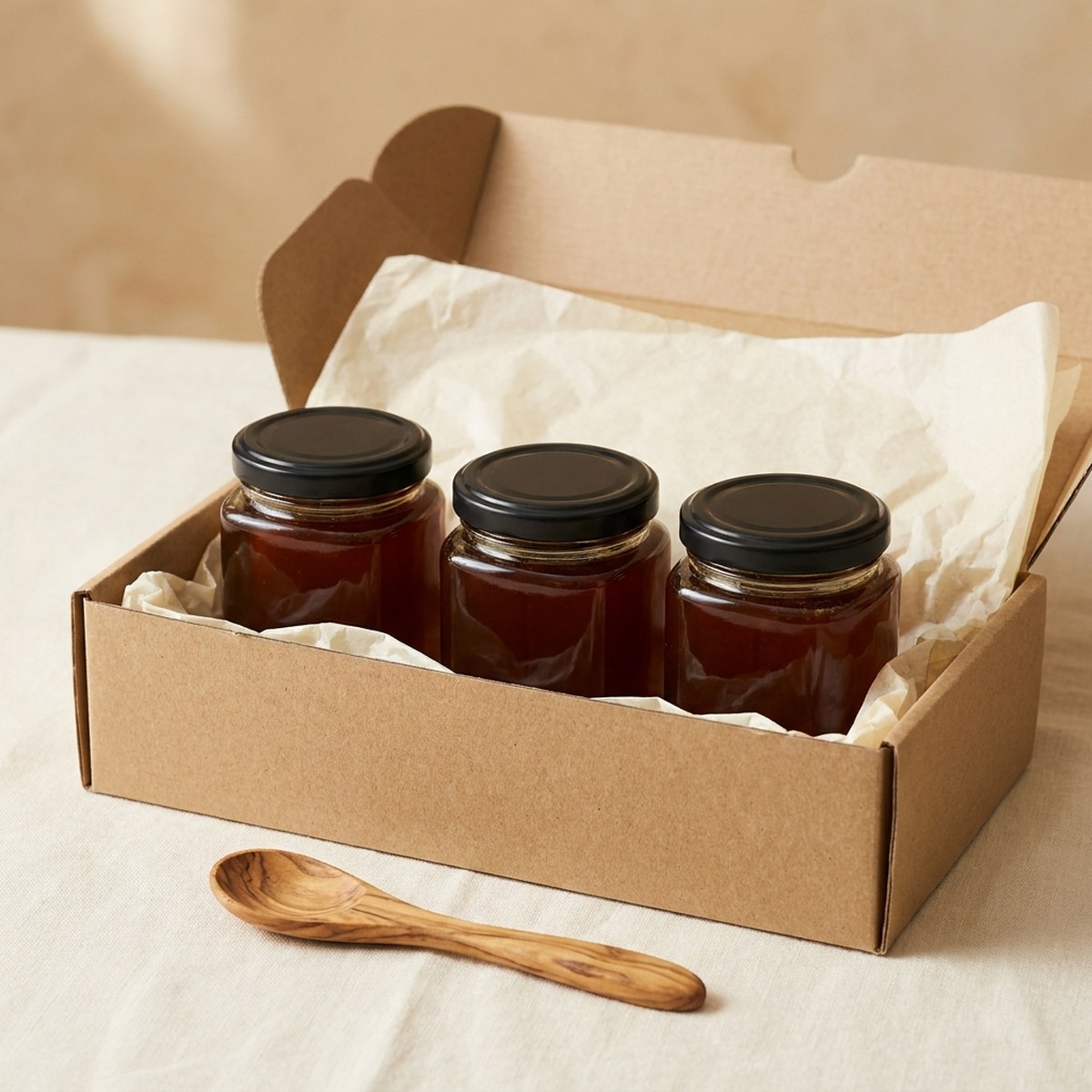 Trois pots de miel de jujubier dans un coffret kraft ouvert, cuillère en bois d'olivier posée devant
